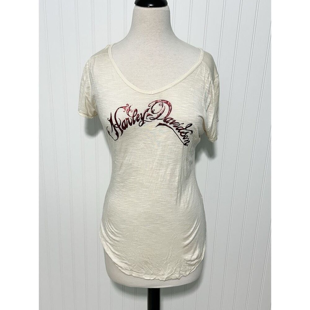 Harley Davidson Women's Love To‎ Role Heart Crown Print T Shirt Beige Size Small